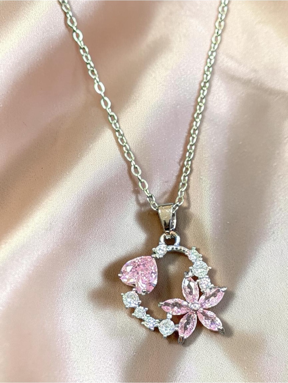 Silver Stainless Steel Necklace with Pink Crystal Heart & Floral Pendant